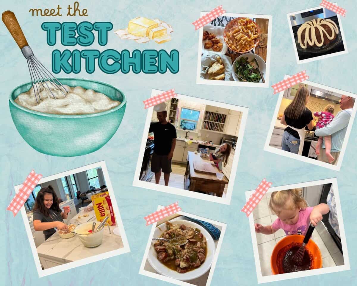 A collage titled Meet the Test Kitchen with photos of people cooking, preparing food, and enjoying meals in a home kitchen, along with illustrated butter, bowl, and whisk on a light blue background.