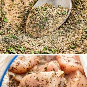A close-up of a spoon scooping dried Greek seasoning mix, followed by raw chicken pieces coated in the seasoning inside a plastic bag.