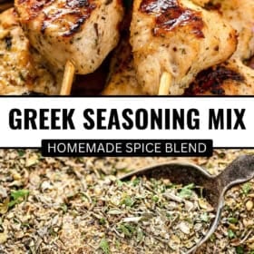 Grilled chicken skewers above a close-up of a spoon scooping Greek seasoning mix with herbs and spices.