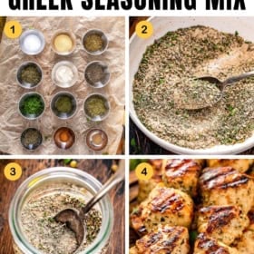 Four images show ingredients in small bowls, a bowl of mixed seasoning with a spoon, a jar of Greek seasoning, and grilled chicken skewers.