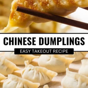 A pair of chopsticks holds a crispy, golden-brown Chinese dumpling above several uncooked dumplings on a floured surface.