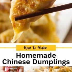 A close-up of a golden, crispy dumpling held by chopsticks with more dumplings in the background, and three smaller images below showing the making, shaping, and serving of homemade Chinese dumplings.