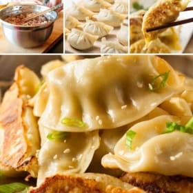 Collage showing homemade Chinese dumplings: a hand filling dumpling wrappers, rows of uncooked dumplings, a dumpling held with chopsticks, and a plate of cooked dumplings garnished with green onions.