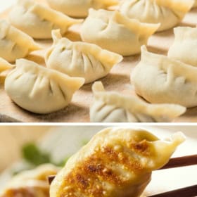 Rows of uncooked potstickers on a surface, with a close-up below showing a golden-brown cooked potsticker held by chopsticks.
