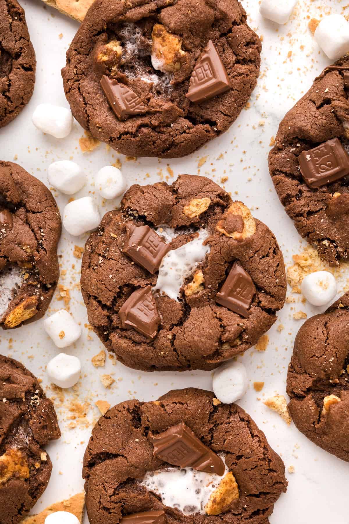 Close-up of chocolate s'mores cookies topped with chunks of chocolate, gooey marshmallow, and bits of graham cracker, surrounded by mini marshmallows and crumbs on a white surface.