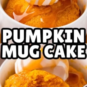 A pumpkin mug cake topped with whipped cream and caramel sauce, served in a white mug. A spoonful of cake is shown in front.