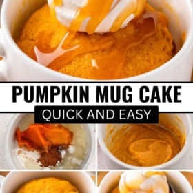 Collage showing steps to make pumpkin mug cake: mug with pumpkin batter, mixed batter, baked cake, topped with whipped cream and caramel.