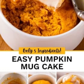 A pumpkin mug cake topped with whipped cream and caramel sauce in a white ramekin, shown in stages from batter to finished cake.