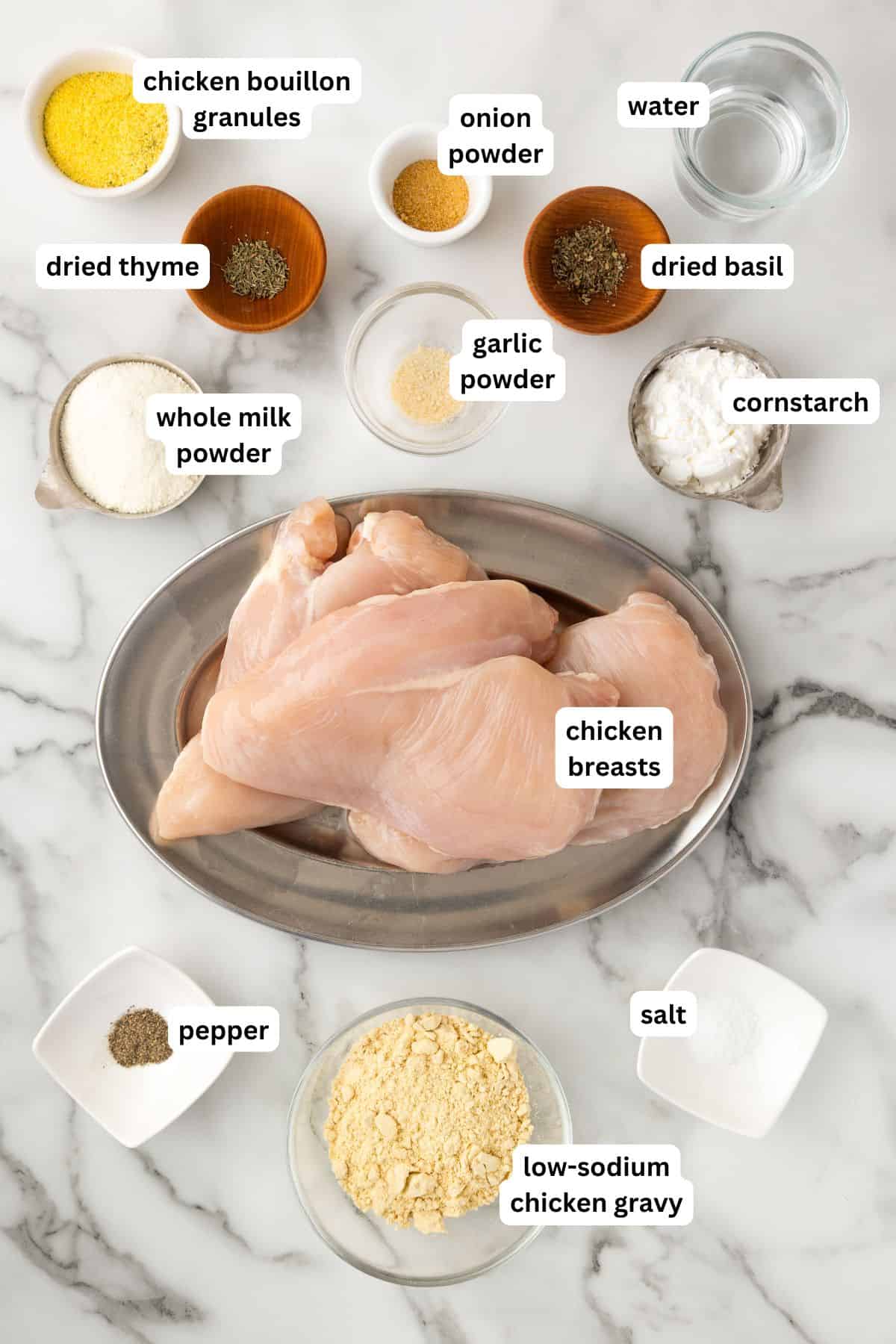 Ingredients for a crockpot chicken and gravy recipe arranged on a marble surface, including raw chicken breasts, spices, corn starch, milk powder, chicken gravy mix, water, and seasonings in small bowls, each labeled with text.