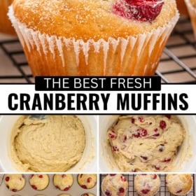 Close-up of sugar-topped cranberry muffins on a cooling rack, with step-by-step images below showing batter, batter with cranberries, filled muffin tray, and baked muffins.
