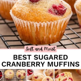 A close-up of sugared cranberry muffins on a cooling rack, with bright red cranberries and sugar topping. Below are smaller images showing muffins from different angles.