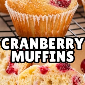 Golden cranberry muffins with sugar on top, whole and sliced to show moist interior with cranberries, arranged on a cooling rack.