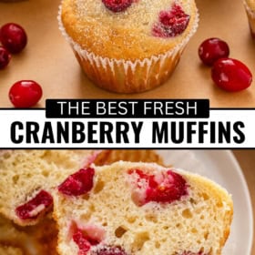 Close-up of fresh cranberry muffins, one whole and one sliced to show the moist interior with visible cranberries, set on brown paper with loose cranberries beside them.