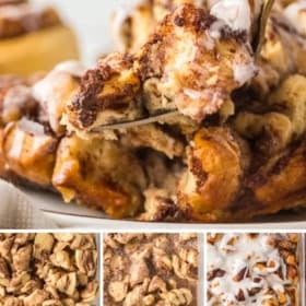 A collage showing cinnamon roll casserole being served, its golden baked pieces, preparation steps with cut dough pieces in a dish, and the finished casserole drizzled with white icing.