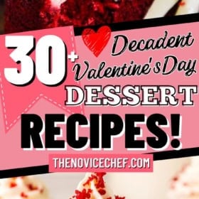 Close-up of red velvet cupcakes with cream cheese frosting and heart-shaped sprinkles, overlaid with text: 30+ Decadent Valentines Day Dessert Recipes!