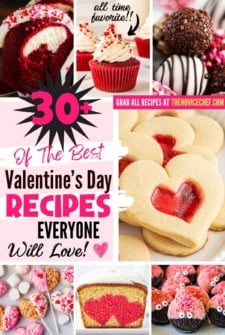 A collage of various heart-themed Valentine’s Day desserts, including cupcakes, cookies, cake pops, and heart-shaped treats.