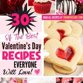 A collage of various heart-themed Valentine’s Day desserts, including cupcakes, cookies, cake pops, and heart-shaped treats.