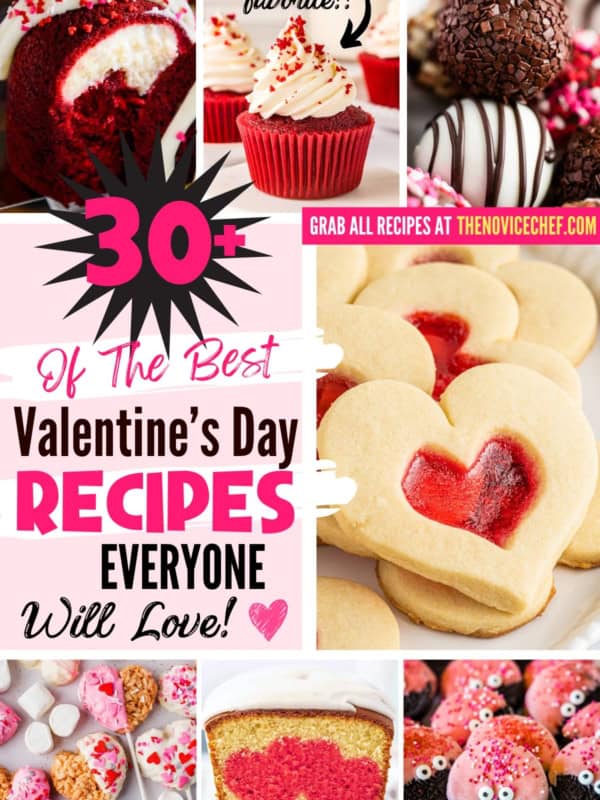 A collage of various heart-themed Valentine’s Day desserts, including cupcakes, cookies, cake pops, and heart-shaped treats.