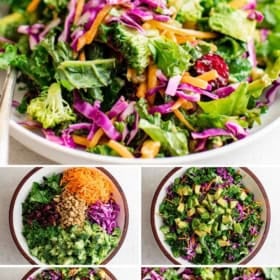 Collage showing a vibrant broccoli chopped kale salad with shredded carrots, purple cabbage, and dried cranberries, plus step-by-step images of ingredients being added and tossed in a bowl.