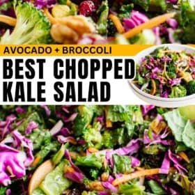 Close-up of a colorful chopped kale salad with avocado, broccoli, shredded carrots, red cabbage, dried cranberries, and walnuts being drizzled with dressing.