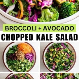 A vibrant chopped kale salad with broccoli, avocado, shredded carrots, red cabbage, and seeds, shown in a large bowl and in four preparation steps.