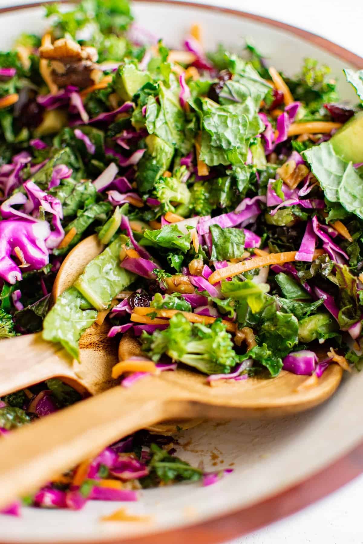 Broccoli Kale Salad with Cranberries is bright and colorful with a bold crunch and sweet pops of flavor. This salad always gets compliments! A close-up of a broccoli kale salad with cranberries, purple cabbage, carrots, avocado and walnuts in a bowl, with two wooden salad servers.