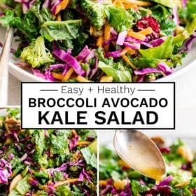 A vibrant chopped kale salad with broccoli, avocado, shredded carrots, red cabbage, walnuts, and cranberries, shown tossed in a bowl and drizzled with dressing.
