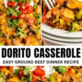 A cheesy Dorito casserole topped with sour cream, chopped tomatoes, and cilantro, shown in a baking dish and served on a plate