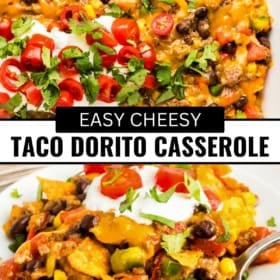 Closeup shots of a cheesy taco casserole with Doritos topped with diced tomatoes, black beans, cilantro, and sour cream, served on a white plate.