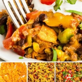 A close-up of a fork holding a bite of Dorito casserole topped with sour cream and tomatoes, with three smaller images below showing layers of crushed Doritos, shredded cheese, and cooked taco casserole.