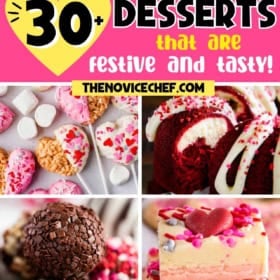 Assorted Valentine’s Day desserts including heart-shaped treats, decorated cookies, cake balls, and white chocolate fudge, with colorful sprinkles and festive toppings. Text promotes “30+ Valentine’s Day Desserts”.