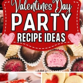 A collage of Valentine’s Day dessert ideas, including red velvet cake, heart-shaped cookies with red centers, pink and white layered bars, and assorted chocolate truffles, with “Valentines Day Party Recipe Ideas” text in the center.