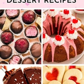 A collage featuring chocolate truffles, a cherry-topped pink bundt cake, a chocolate tart, and heart-shaped cookies, with text reading 30+ Valentines Day Dessert Recipes.