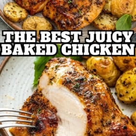 A plate of juicy baked chicken thighs and chicken breasts with crispy, seasoned skin, served alongside golden roasted baby potatoes. A fork holds a piece of sliced chicken, showing its tender, moist interior.