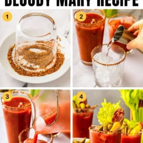 Four steps to make a Bloody Mary cocktail: 1) Dipping a glass rim in spices, 2) pouring drink into a glass with spiced rim, 3) filling glass with Bloody Mary, 4) garnished Bloody Mary with celery, olives, and bacon.