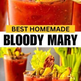 Close-up of a Bloody Mary drink in a glass rimmed with spice, garnished with celery, pickles, peppers, and bacon.