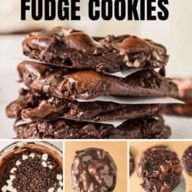 A stack of gooey chocolate fudge cookies with marshmallows is shown, with close-ups of the cookie dough, chocolate chips, and baked cookies.