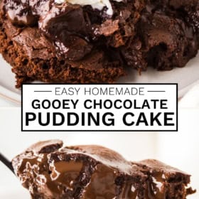 A close-up of a rich, gooey chocolate pudding cake served with a scoop of vanilla ice cream on top.