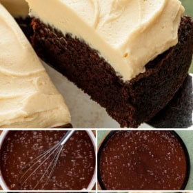 A collage shows a slice of Guinness chocolate cake with creamy Baileys frosting, a bowl of cake batter being whisked, batter in a round pan, a baked chocolate cake, and a frosted cake on a plate.