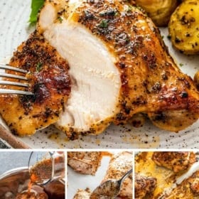 A collage showing juicy baked chicken with crispy skin, served with potatoes, and step-by-step images of seasoning and baking the chicken.
