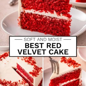 A moist red velvet cake with cream cheese frosting is shown sliced on white plates, with close-up views highlighting its vibrant red color and soft texture.