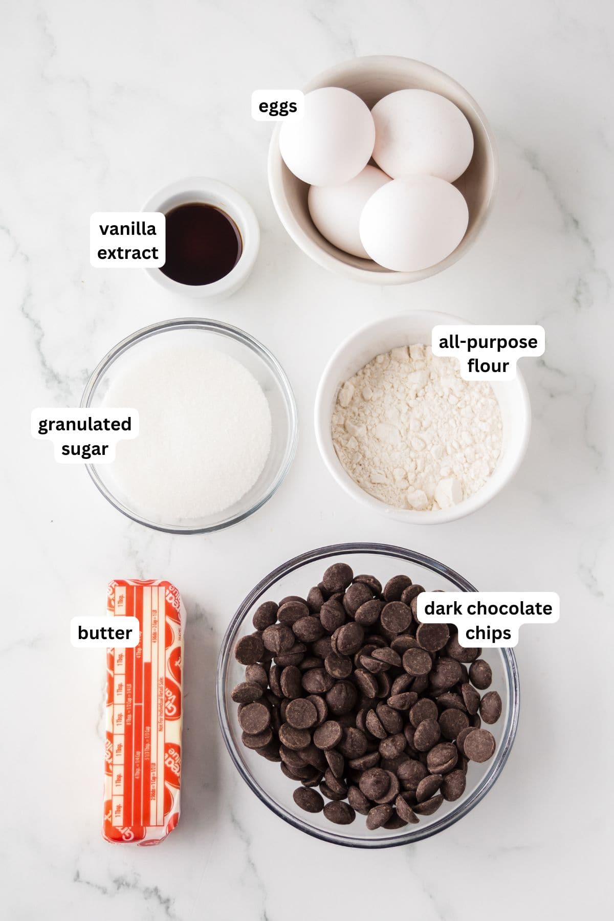 Top-down view of labeled baking ingredients for chocolate pudding cake recipe on a white surface: eggs, vanilla extract, granulated sugar, butter, dark chocolate chips, and all-purpose flour.