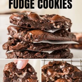 Stack of gooey chocolate fudge cookies with marshmallows, shown close-up and broken open to reveal a soft, fudgy interior.