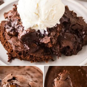 Close-up of gooey chocolate pudding cake topped with vanilla ice cream, with additional images showing the cake’s rich, melted chocolate texture and a spoonful being scooped from the baking dish.