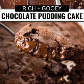 Close-up images of a rich, gooey chocolate pudding cake with a cracked top, a spoon lifting a serving to reveal molten chocolate inside.