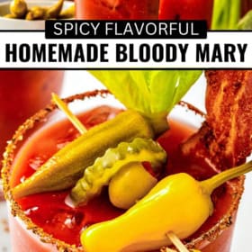 A close-up of a homemade Bloody Mary cocktail garnished with celery, pickles, a yellow pepper, bacon, and a spiced rim.
