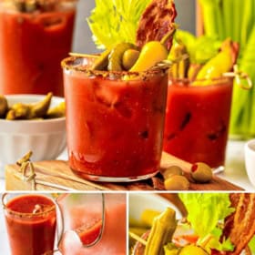 A collage featuring spicy Bloody Mary drinks garnished with celery, pickles, olives, and bacon, with a salted rim.