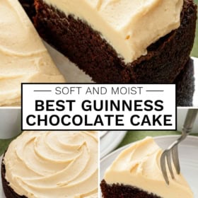 A rich, moist chocolate Guinness cake topped with Baileys Irish Cream buttercream frosting shown whole and in slices.