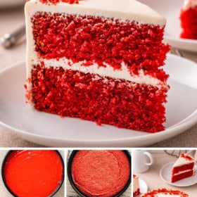 Collage showing a slice of homemade red velvet cake with cream cheese frosting, whole and sliced cakes, and cake batter in pans.