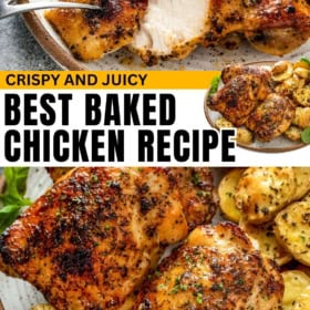 Close-up of golden-brown baked chicken thighs served with roasted potatoes on a plate, garnished with herbs.